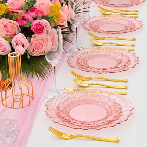 ISFANGCO 60Pcs Premium Pink Floral Plastic Plates, Fancy Clear Glitter Pink Disposable Plate, Christmas Plates, Heavy Duty Plastic Plato include 30 10" Dinner & 30 7.5" Dessert Plato for Wedding - Image 3