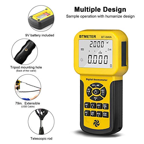BTMETER BT-846A Pro HVAC Anemometer Measures Wind Speed Flow Temperature CFM Air Flow Velocity Meter with Backlight MAX MIN AVG - Image 2
