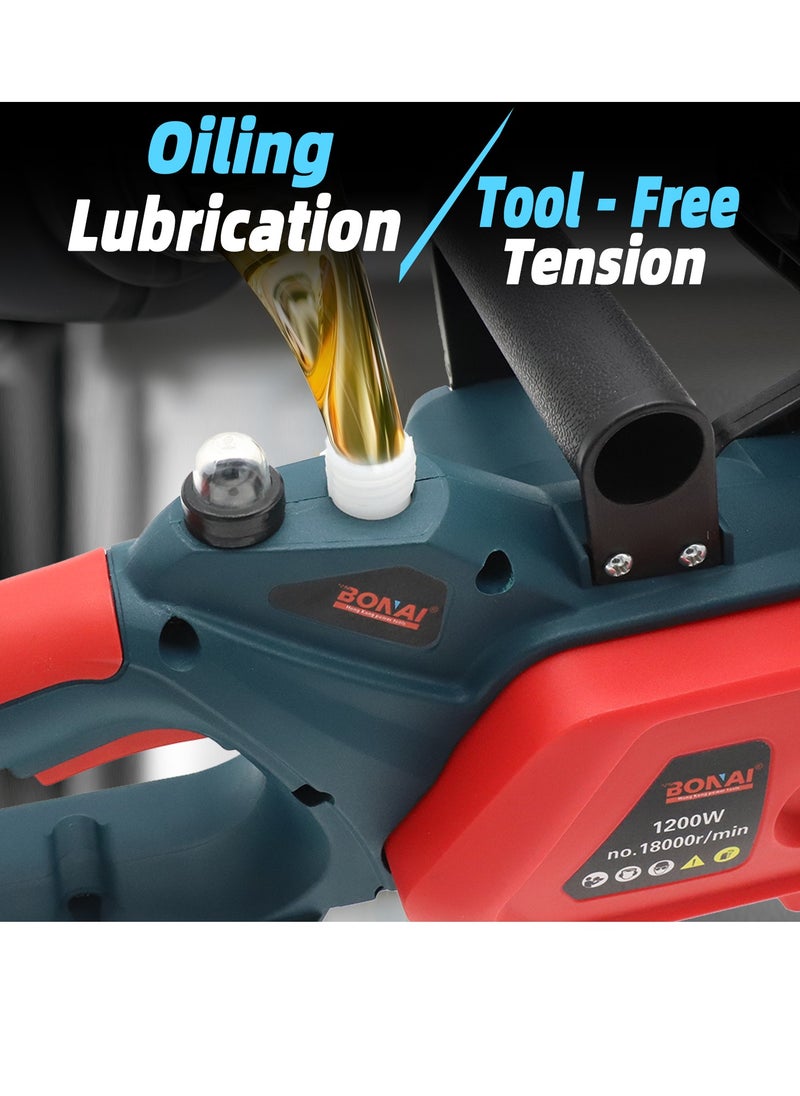 BONAI - Mini Chainsaw 10" (about 25 cm) Guide Bar with Oil System and 21V High Power capacity with 2 Batteries Lightweight Cordless Portable for Home Use Cutting Branches and Wood Yard Lawn and Garden - Image 1