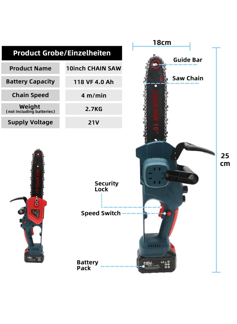 BONAI - Mini Chainsaw 10" (about 25 cm) Guide Bar with Oil System and 21V High Power capacity with 2 Batteries Lightweight Cordless Portable for Home Use Cutting Branches and Wood Yard Lawn and Garden - Image 1
