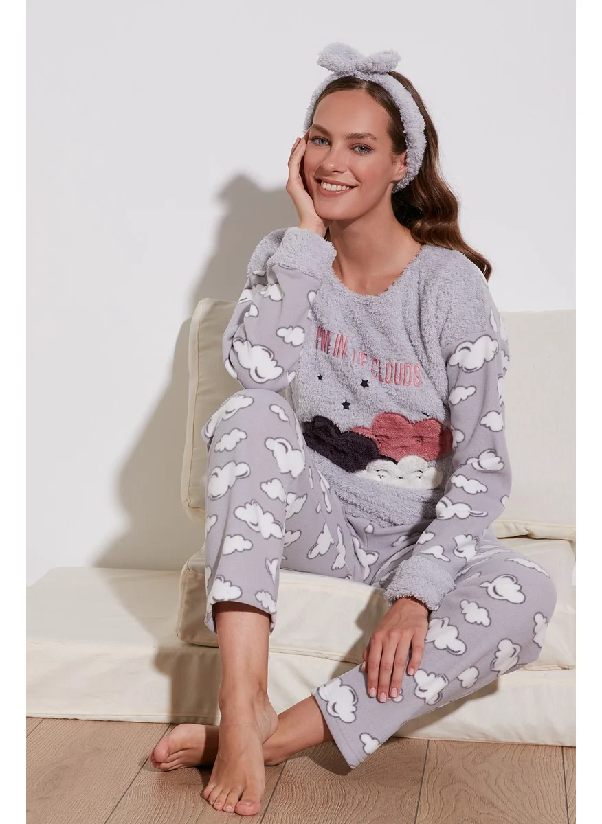 ليلا Bulut Patterned Plush Pajama Set with Pockets and Elastic Waist Women's Pajama Set 6094120BULUT