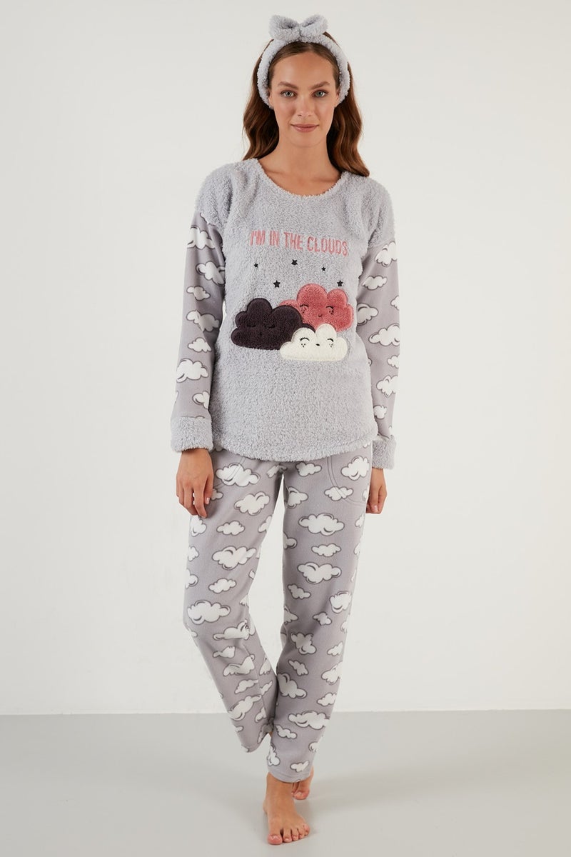 Lela Bulut Patterned Plush Pajama Set with Pockets and Elastic Waist Women's Pajama Set 6094120BULUT  - Image 4