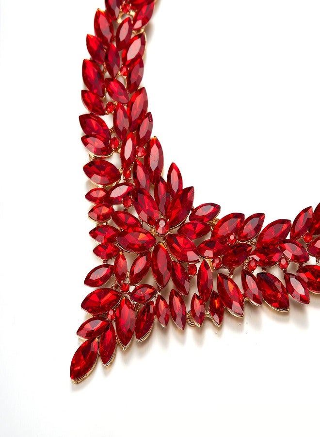 BriLove Wedding Bridal Statement Crystal Cluster Necklace Collar Choker Dangle Earring Jewelry Set for Women Ruby Color Gold-Tone - Image 4