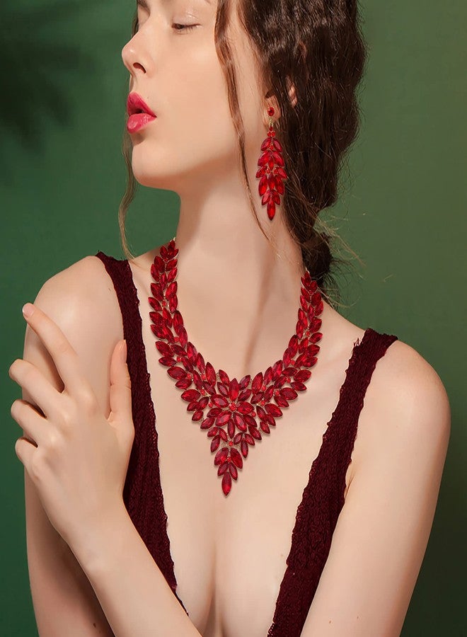 BriLove Wedding Bridal Statement Crystal Cluster Necklace Collar Choker Dangle Earring Jewelry Set for Women Ruby Color Gold-Tone - Image 2