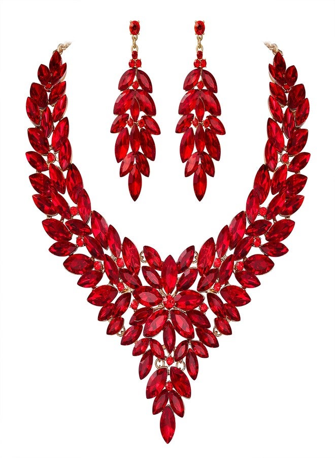 BriLove Wedding Bridal Statement Crystal Cluster Necklace Collar Choker Dangle Earring Jewelry Set for Women Ruby Color Gold-Tone - Image 1