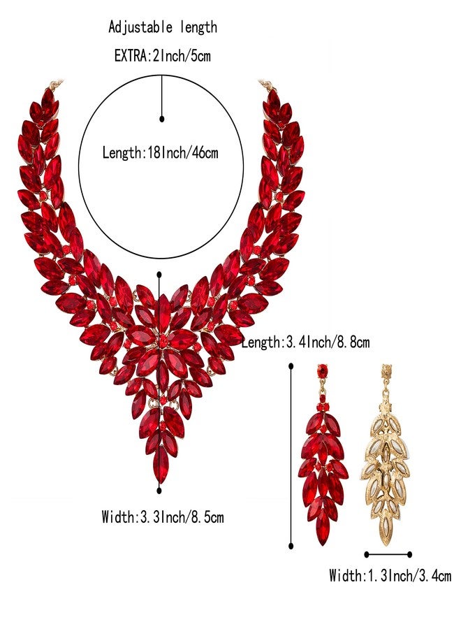 BriLove Wedding Bridal Statement Crystal Cluster Necklace Collar Choker Dangle Earring Jewelry Set for Women Ruby Color Gold-Tone - Image 5