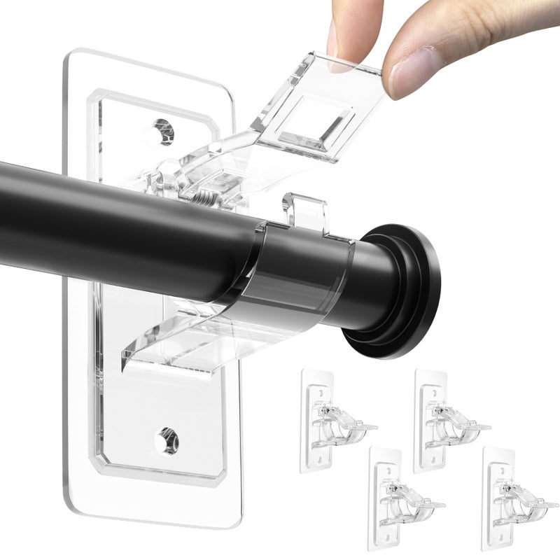 ANDGOO ANDGOO 4 Pack No Drill Curtain Rod Brackets Holding Up to 17 lbs PET Self Adhesive Curtain Rod Holders Adjustable Nail Free Curtain Rod Hooks for Bedroom Bathroom and Living Room