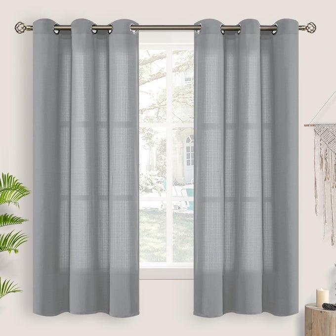 GREY SHEER CURTAINS 63 INCH LENGTH 2 PANELS NATURAL LINEN GROMMET SEMI SHEER LIGHT FILTERING DRAPES CASUAL TEXTURED PRIVACY OPAQUE PANELS FOR LIVING ROOM EACH 42 X 63 INCH GREY