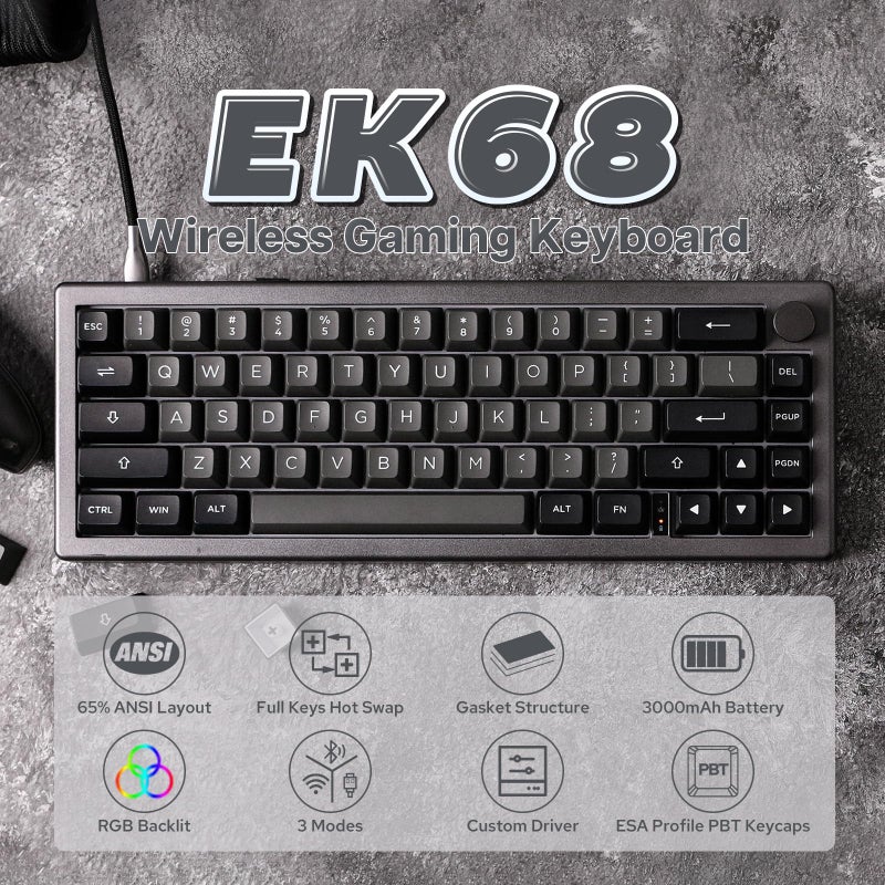 EPOMAKER EPOMAKER EK68 65% Gasket NKRO Hot Swappable 2.4Ghz/Bluetooth 5.0/USB-C Wired Mechanical Gaming Keyboard with Knob, South-facing LED, 3000mAh Battery, RGB Backlight for Win/Mac (Budgerigar Switch) - Image 2