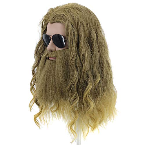 yuehong Long Curly Blonde Men Thor Endgame Wig Superhero Cosplay Costume Hair with Big Beard Heat Resistant Synthetic Fibers Fluffy Durable Breathable Wig