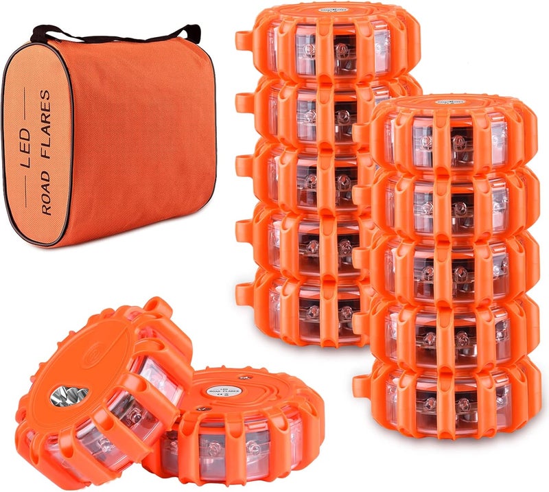 AK [12 Pack LED Road Flares Safety Flashing Warning Light Roadside Emergency Disc Beacon Kit for Vehicles Boats with Magnetic Base & Hook, Premium Storage Bag (Batteries Not Included) (12) - Image 1