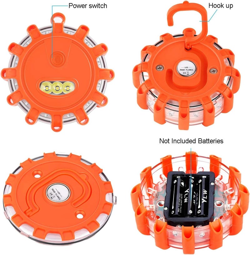 AK [12 Pack LED Road Flares Safety Flashing Warning Light Roadside Emergency Disc Beacon Kit for Vehicles Boats with Magnetic Base & Hook, Premium Storage Bag (Batteries Not Included) (12) - Image 3