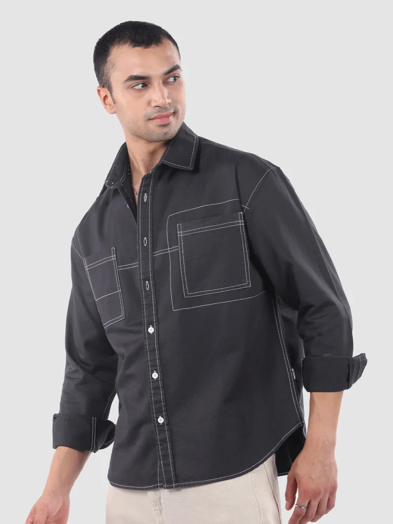 Beyoung Dark Grey Dual Pocket Contrast Stitch Shirt