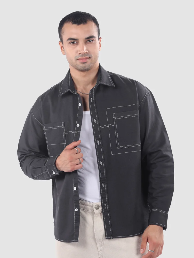 Beyoung Dark Grey Dual Pocket Contrast Stitch Shirt