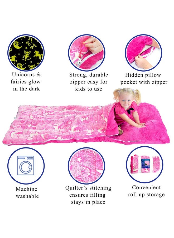 DreamsBe Glow-in-the-Dark Unicorn Sleeping Bag for Girls - Plush, Luminescent Pink Nap Mat, 66 x 30in  - Image 2