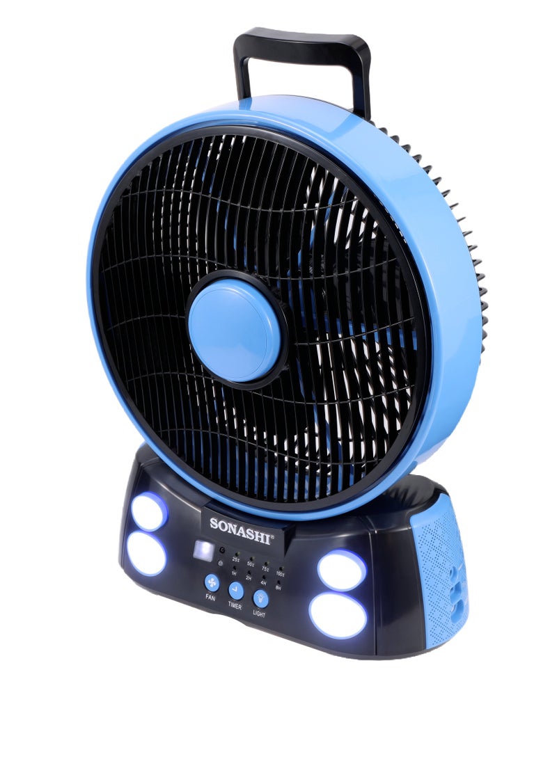 SONASHI Rechargeable Fan with AC/DC Operation and 6 Speed Settings, Fan with LED Light, Continuous Working of Fan 30Hrs and Light 36Hrs with Solar Charging and USB Charging Function, Compact Design for Cars, Outdoor, and Household Use, Remote Control SRF-212 Blue/Black - Image 2