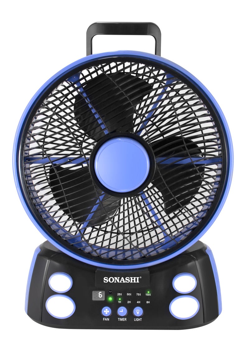 SONASHI Rechargeable Fan with AC/DC Operation and 6 Speed Settings, Fan with LED Light, Continuous Working of Fan 30Hrs and Light 36Hrs with Solar Charging and USB Charging Function, Compact Design for Cars, Outdoor, and Household Use, Remote Control SRF-212 Blue/Black - Image 1