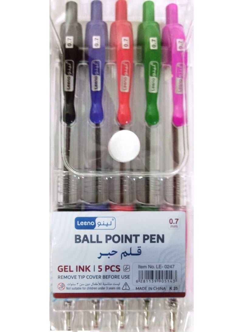 Set of 5 Roller Ball Point Pens 0.7mm Multicolour