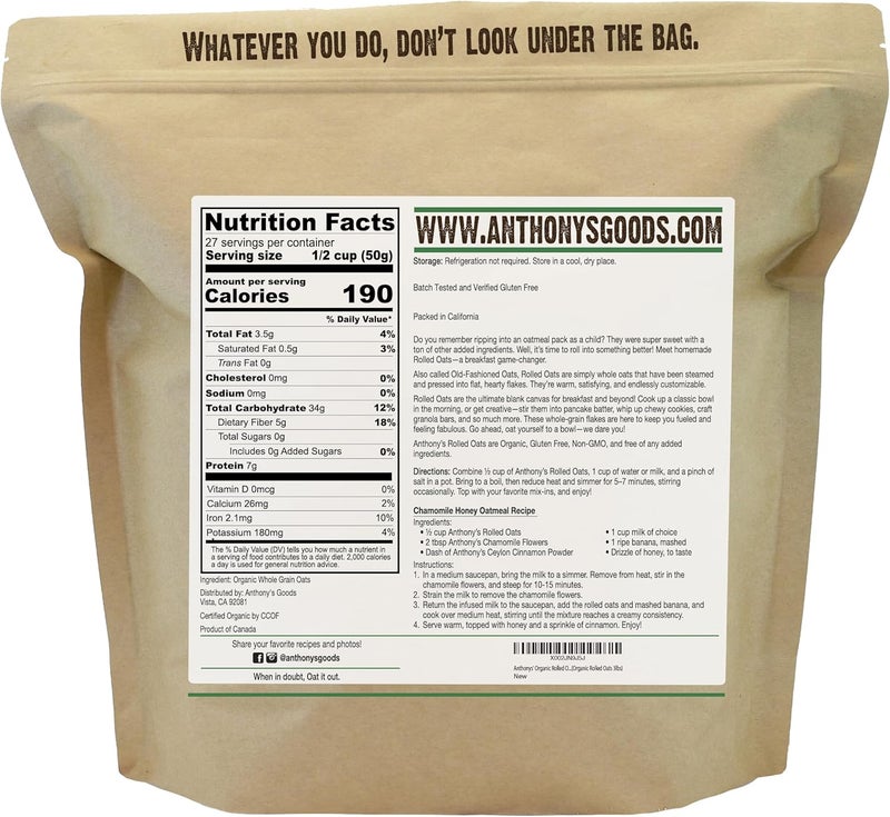 Anthony's Organic Rolled Oats 1.4kg - Gluten Free, Non-GMO, Old Fashioned Whole Grain - Image 2