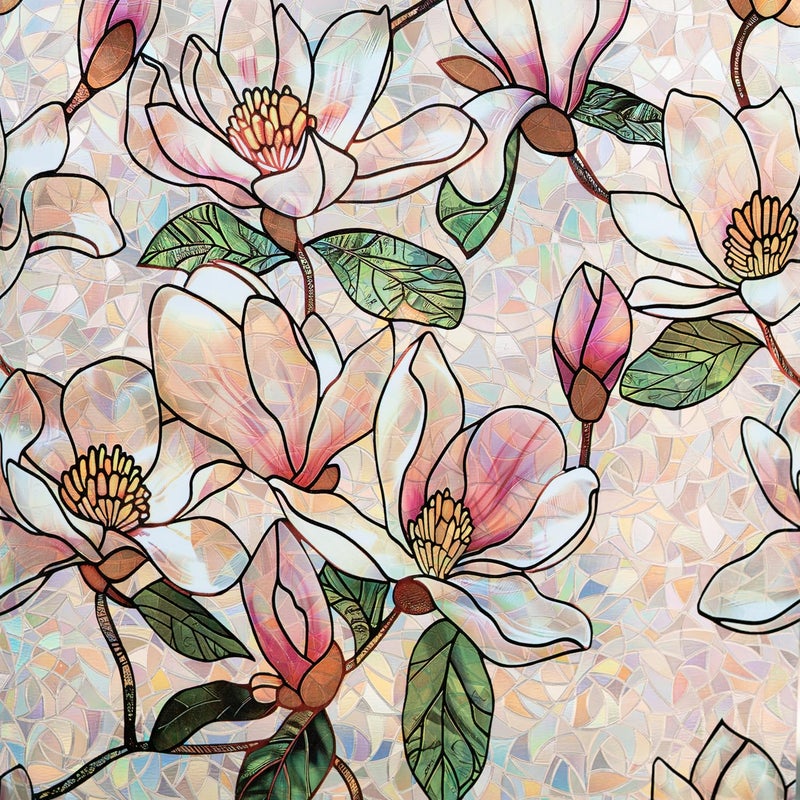 Mikomer Magnolia Flower Stained Glass Window Privacy Cling Rainbow Tinted Glass Door Film Sun Blocking Floral Covering Stickers Decal for Home,17.5 inches by 78.7 inches - Image 1