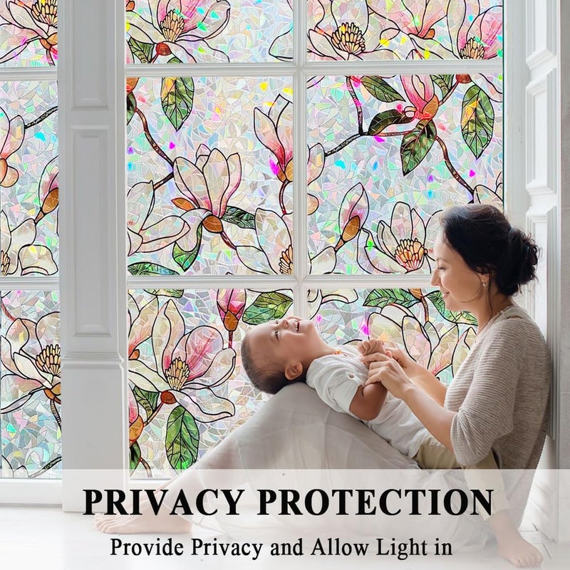 Mikomer Magnolia Flower Stained Glass Window Privacy Cling Rainbow Tinted Glass Door Film Sun Blocking Floral Covering Stickers Decal for Home,17.5 inches by 78.7 inches - Image 2