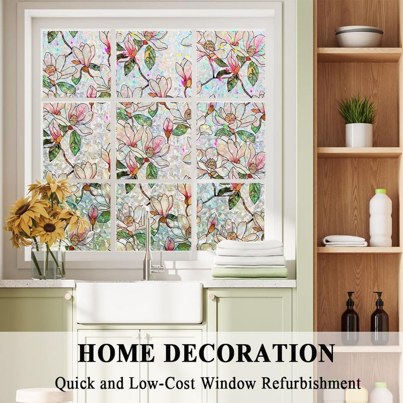 Mikomer Magnolia Flower Stained Glass Window Privacy Cling Rainbow Tinted Glass Door Film Sun Blocking Floral Covering Stickers Decal for Home,17.5 inches by 78.7 inches - Image 3