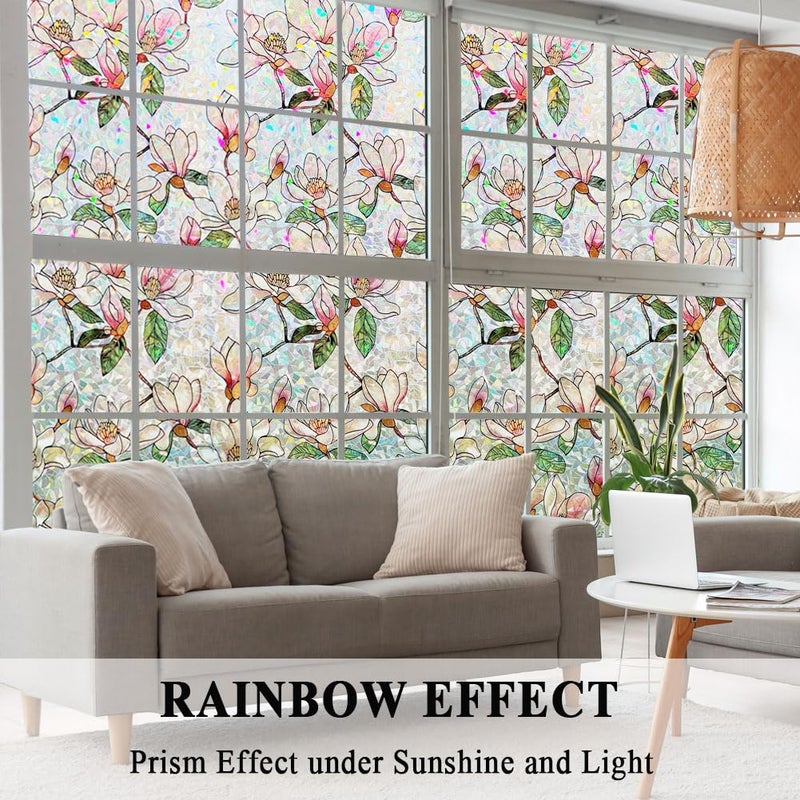 Mikomer Magnolia Flower Stained Glass Window Privacy Cling Rainbow Tinted Glass Door Film Sun Blocking Floral Covering Stickers Decal for Home,17.5 inches by 78.7 inches - Image 4