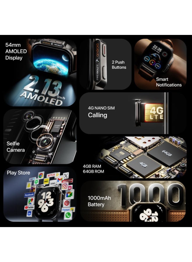 Fire-Boltt Snapp Smart Watch, Selfie Camera, 4G Nano-SIM Slot, 54.1mm AMOLED Display, Play Store- Unlimited apps, 1000mAh Battery, 2GB/4GB RAM + 16GB/64GB ROM (Alpine Olive)