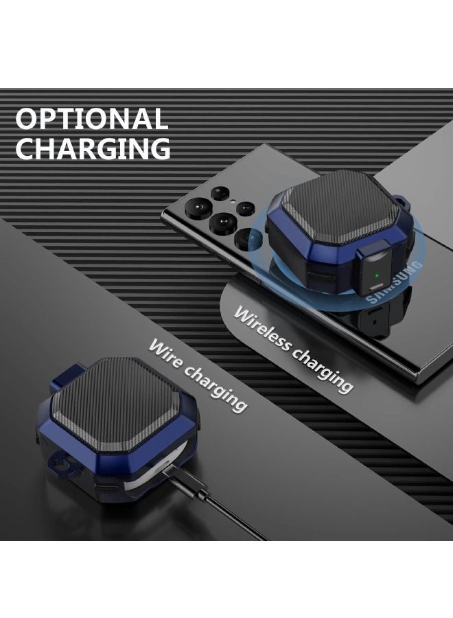 جراب Samsung Galaxy Buds2 Pro / Buds Pro / Buds Live / Buds 2 مع قفل أمان وغطاء من ألياف الكربون وغطاء واقٍ مقاوم للصدمات شديد التحمل مع حلقة تثبيت لسماعة Samsung Galaxy (أسود / أزرق) - Image 5