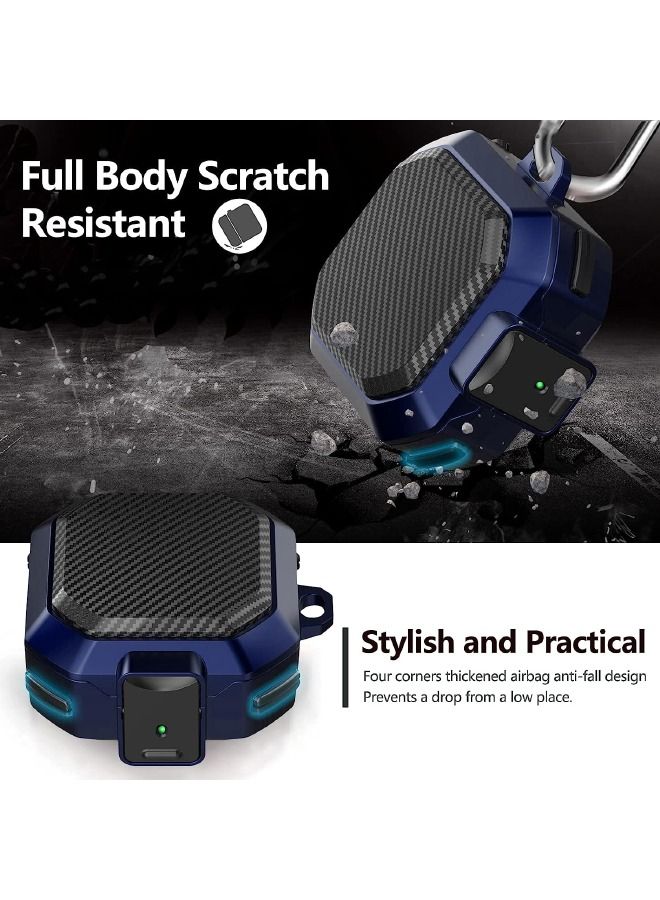 جراب Samsung Galaxy Buds2 Pro / Buds Pro / Buds Live / Buds 2 مع قفل أمان وغطاء من ألياف الكربون وغطاء واقٍ مقاوم للصدمات شديد التحمل مع حلقة تثبيت لسماعة Samsung Galaxy (أسود / أزرق) - Image 4