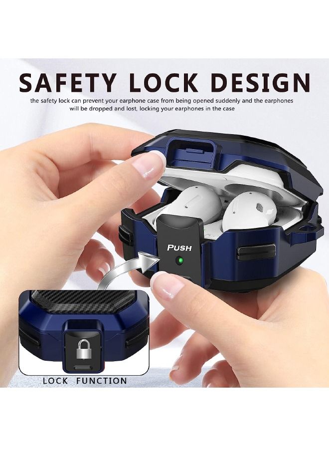 جراب Samsung Galaxy Buds2 Pro / Buds Pro / Buds Live / Buds 2 مع قفل أمان وغطاء من ألياف الكربون وغطاء واقٍ مقاوم للصدمات شديد التحمل مع حلقة تثبيت لسماعة Samsung Galaxy (أسود / أزرق) - Image 3
