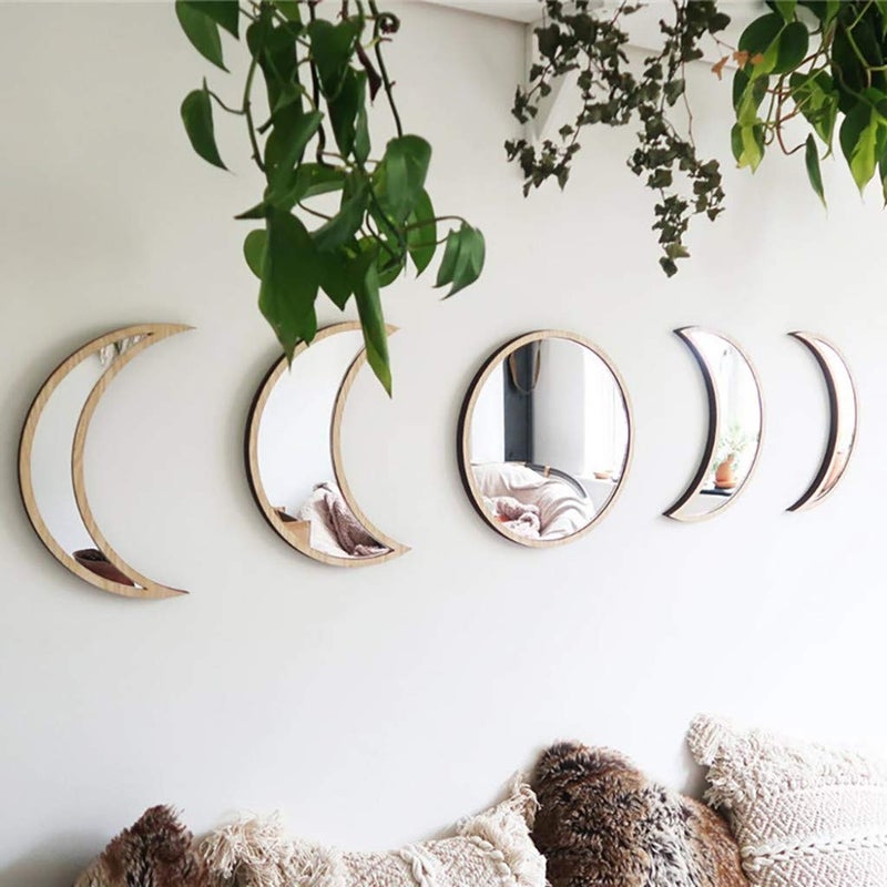5 Pieces Scandinavian Natural Decor Acrylic Wall Decorative Mirror Interior Design Wooden Moon Phase Mirror Bohemian Wall Decoration for Home Living Room Bedroom Decor  AcrylicNot Real MirrorBeige