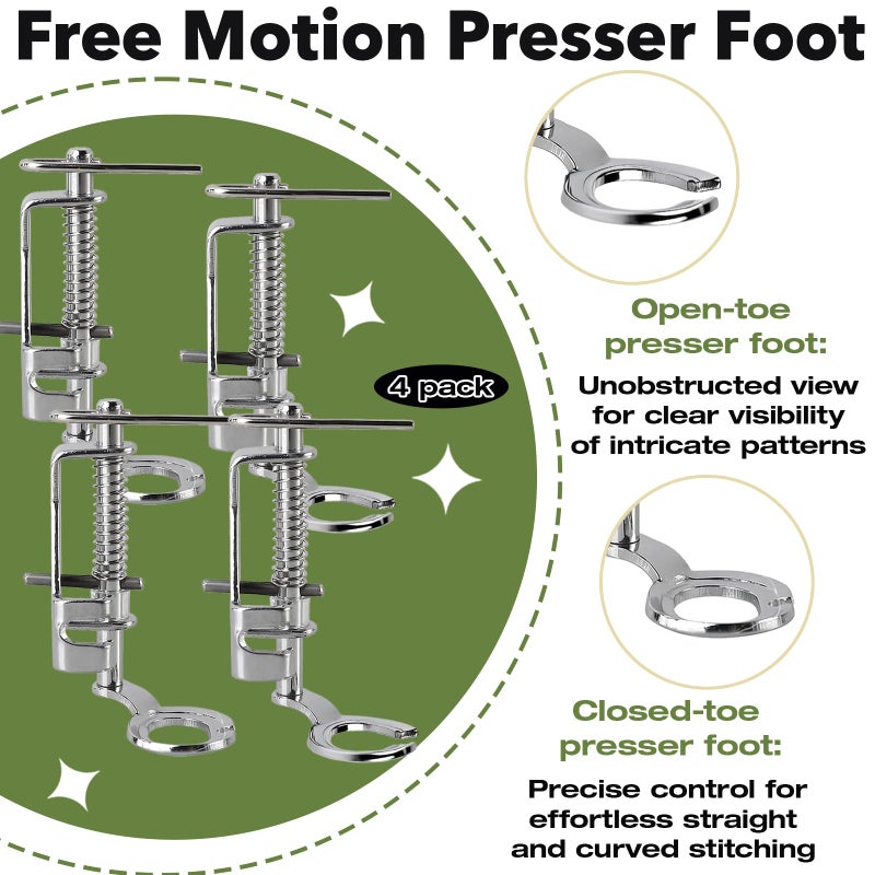 Mtuiewo 4-Pack Free Motion Quilting Presser Foot Set, 2 Open Toe & 2 Closed Toe Free Motion Quilting Foot Fit for Singer, for Brother, for Janome, for Babylock, Low Shank Sewing Machines - Image 2