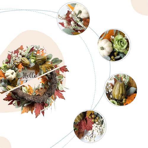 Bibelot Hello Fall Wreath 22 Autumn Decor Harvest Wreath with Pumpkin Maple Leaves Pine Cones for Front Door Wall Indoor Outdoor Thanksgiving Fall - Image 3