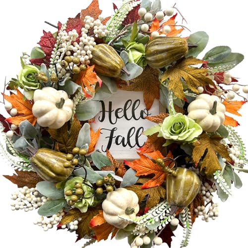 Bibelot Hello Fall Wreath 22 Autumn Decor Harvest Wreath with Pumpkin Maple Leaves Pine Cones for Front Door Wall Indoor Outdoor Thanksgiving Fall - Image 1