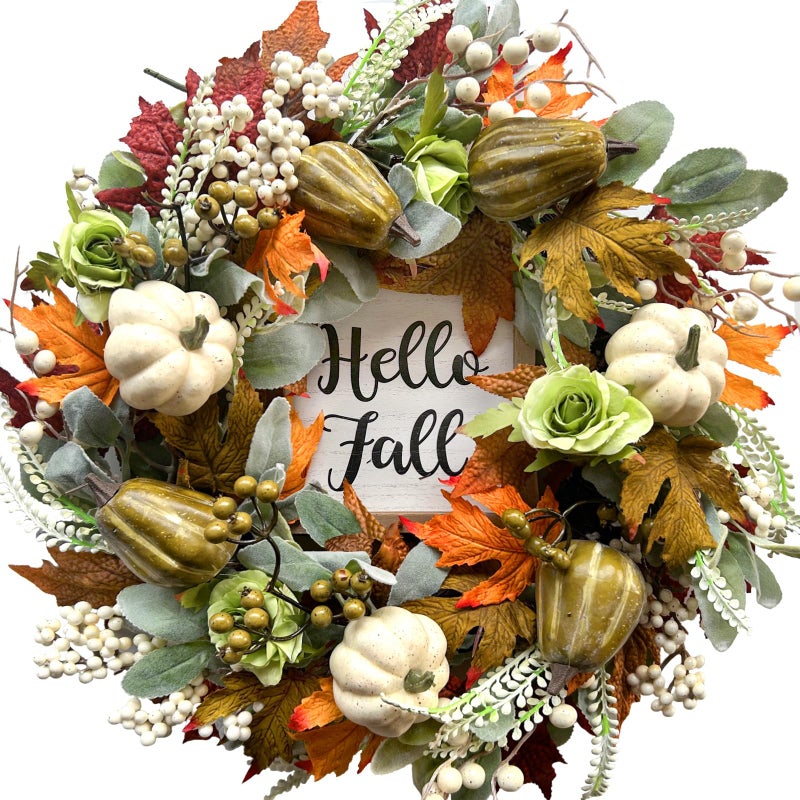 Bibelot Hello Fall Wreath 22 Autumn Decor Harvest Wreath with Pumpkin Maple Leaves Pine Cones for Front Door Wall Indoor Outdoor Thanksgiving Fall - Image 2