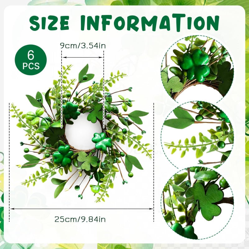 YLOLUL 6 PCS St Patrick's Day Shamrocks Candle Ring Wreaths Artificial Green Glitter Foam Shamrock Candle Ring Lucky Irish Berry Clover Candle Holder Wreath for Table Centerpieces Home Door Chair Decoration - Image 3