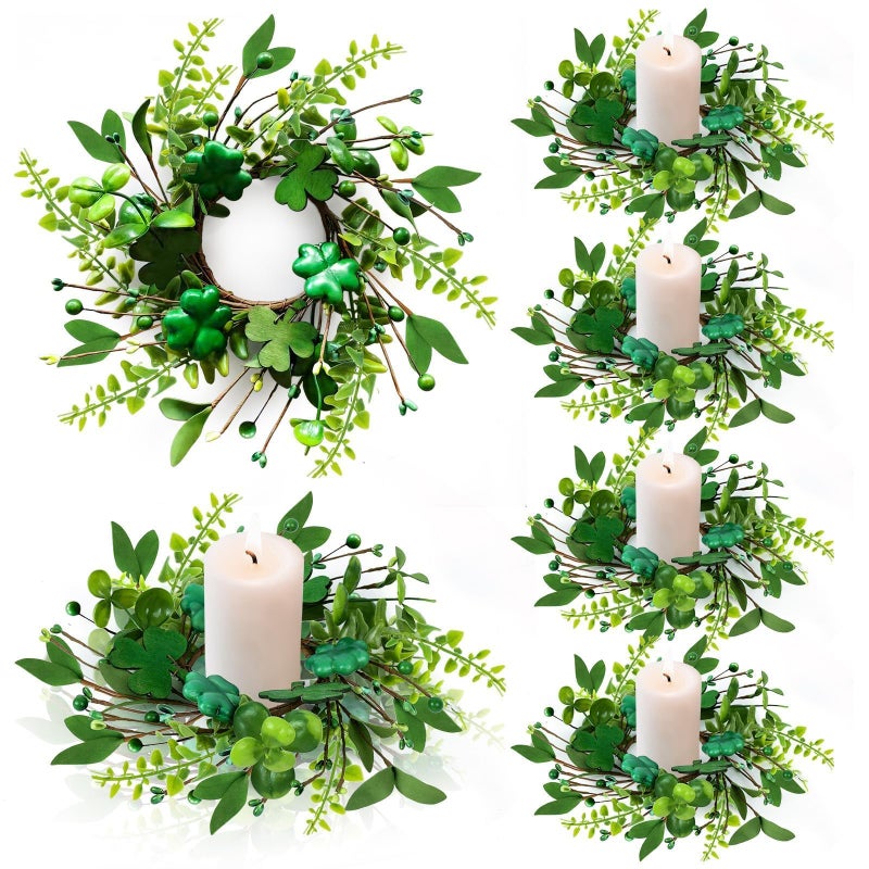 YLOLUL 6 PCS St Patrick's Day Shamrocks Candle Ring Wreaths Artificial Green Glitter Foam Shamrock Candle Ring Lucky Irish Berry Clover Candle Holder Wreath for Table Centerpieces Home Door Chair Decoration - Image 1
