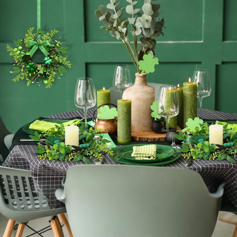 YLOLUL 6 PCS St Patrick's Day Shamrocks Candle Ring Wreaths Artificial Green Glitter Foam Shamrock Candle Ring Lucky Irish Berry Clover Candle Holder Wreath for Table Centerpieces Home Door Chair Decoration - Image 4