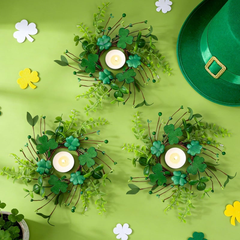 YLOLUL 6 PCS St Patrick's Day Shamrocks Candle Ring Wreaths Artificial Green Glitter Foam Shamrock Candle Ring Lucky Irish Berry Clover Candle Holder Wreath for Table Centerpieces Home Door Chair Decoration - Image 2