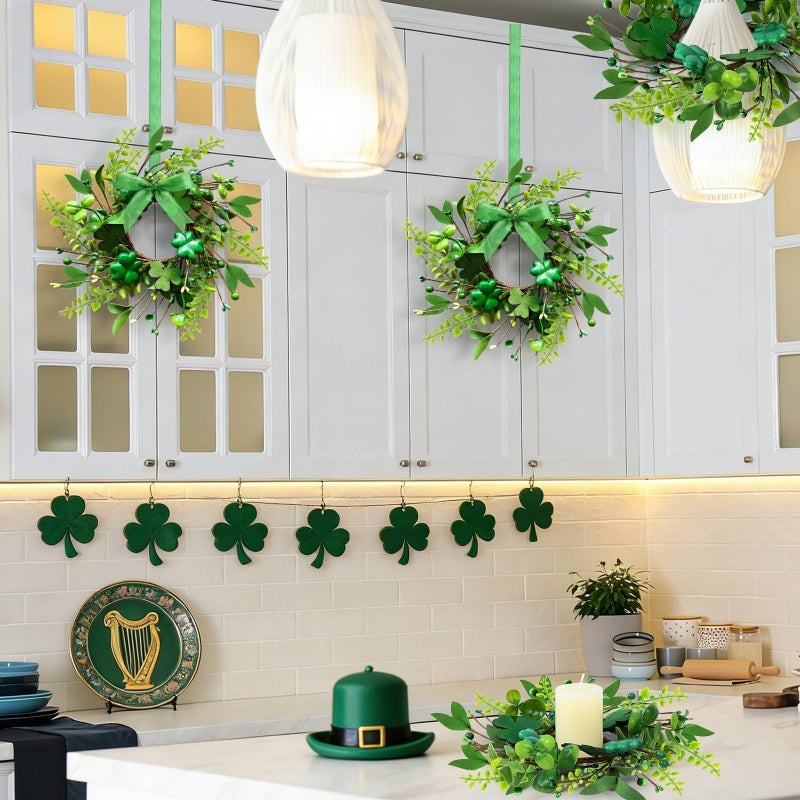 YLOLUL 6 PCS St Patrick's Day Shamrocks Candle Ring Wreaths Artificial Green Glitter Foam Shamrock Candle Ring Lucky Irish Berry Clover Candle Holder Wreath for Table Centerpieces Home Door Chair Decoration - Image 5