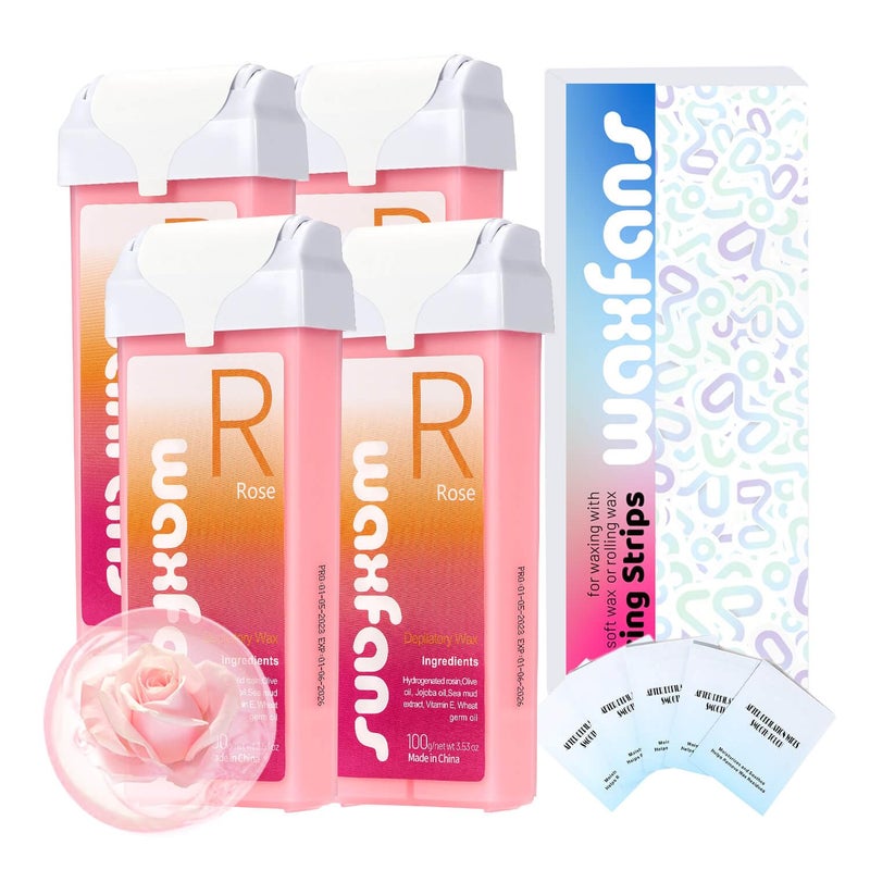 Waxfans Roll On Wax Refill,Waxing Roller Refill for Hair Removal,100% Natural,Quick Melting - For Coarse and Fine Hairs.with 3.53 Ounce(Pack of 4) Honey Wax Rollers, 50 Strips (Pink) - Image 1