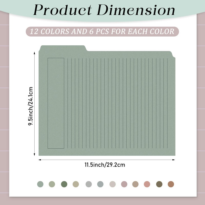 Cholemy 72 Pack Manila Lined Decorative File Folders, Letter Size, 1/3 Cut Tab, Colored Folders, 9.5 x 11.5 Inch, Heavyweight Paper, for Home Office File Storage (Gentle Colors) - Image 2