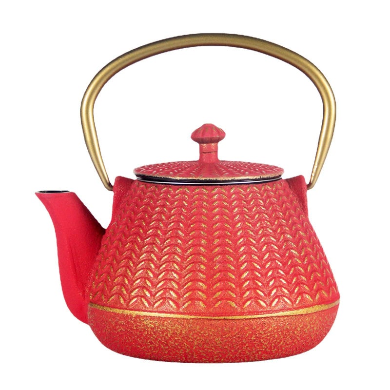 Small Cast Iron Tea Kettle for Stovetop Safe Red Tea Pot Coated with Enameled Interior Durable Teapot with Stainless Steel Infuser for Loose Leaf 1000ml34oz