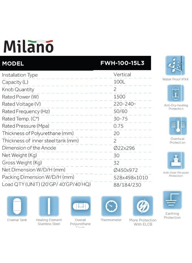 DANUBE HOME Milano Vertical Electric Water Heater - 100 L | Blue Diamond Inner Tank Water Heater | Water Heater For Toilet Bathroom Washroom Shower Powder Room - White  - Image 2