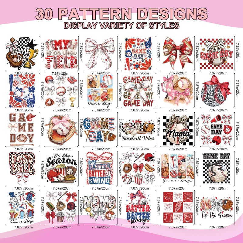 Wxiben Baseball Dtf Transfers Ready to Press - Wxiben 30 Pcs Game Day Iron on Transfers for T-Shirts Baseball Coquete Bow Heat Transfer Vinyl Decal Sticker Iron on Patches for Clothes Pillows Bag DIY Crafts - Image 2