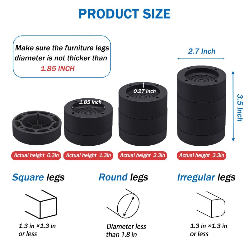 ANNKUT Furniture Risers 2 inchï¼ŒRound Bed Risers Heavy Dutyï¼ŒElevation in Heights 1 or 2 Inch for Chair Table and Desk Legs Liftingï¼ŒAdjustable Bed Lifts Risers(Pack of 4 Riser,Black) - Image 2