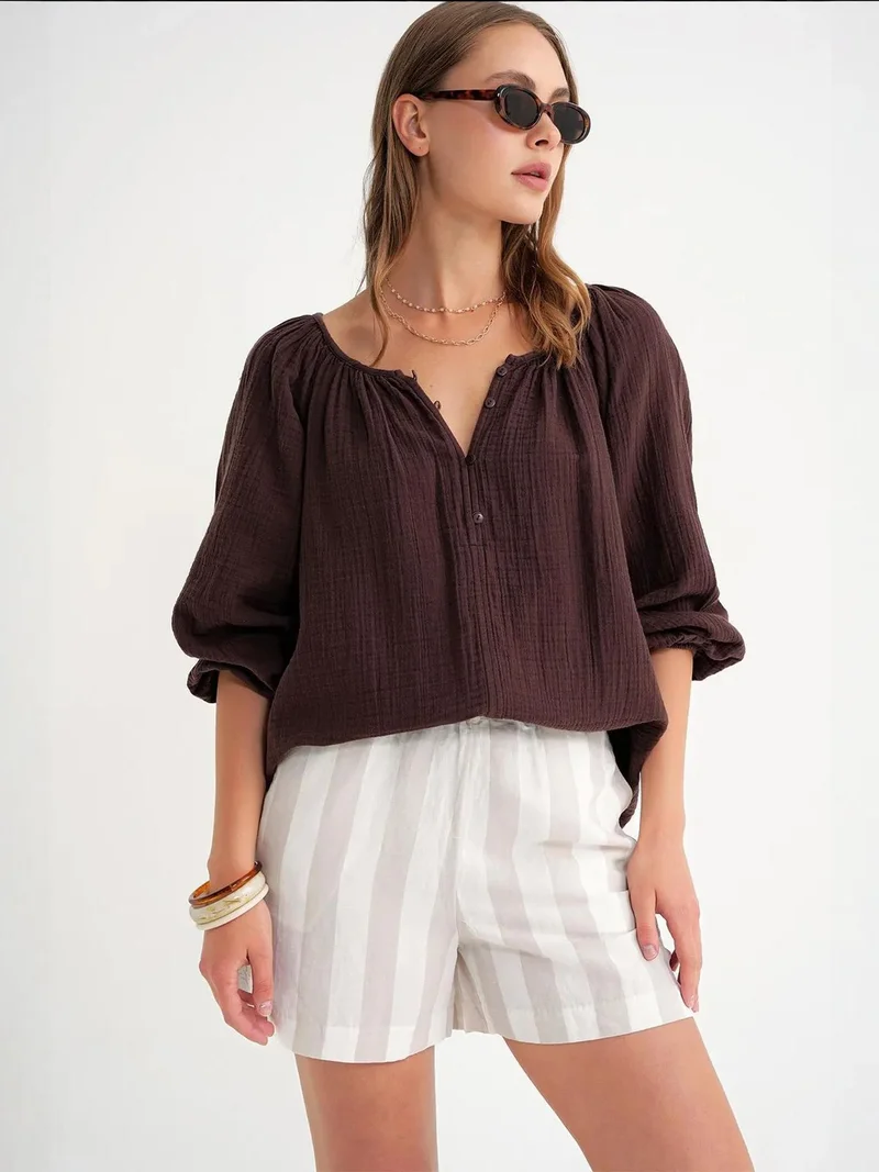 MixRay Coffee Brown Mixray Buttoned Muslin Blouse for Women | Best Price UAE