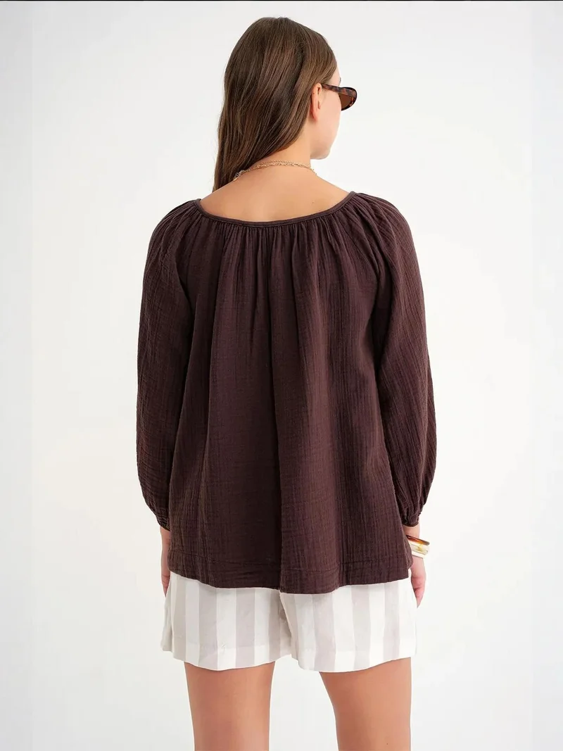 MixRay Coffee Brown Mixray Buttoned Muslin Blouse for Women | Best Price UAE