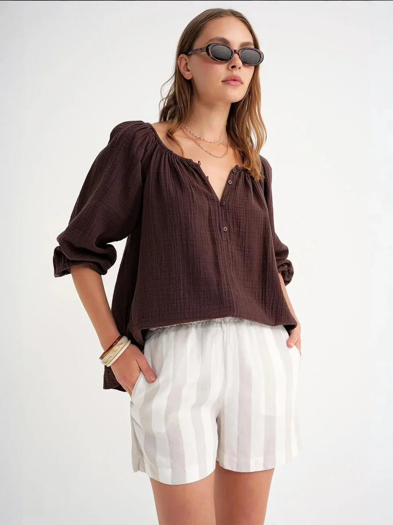 MixRay Coffee Brown Mixray Buttoned Muslin Blouse for Women | Best Price UAE